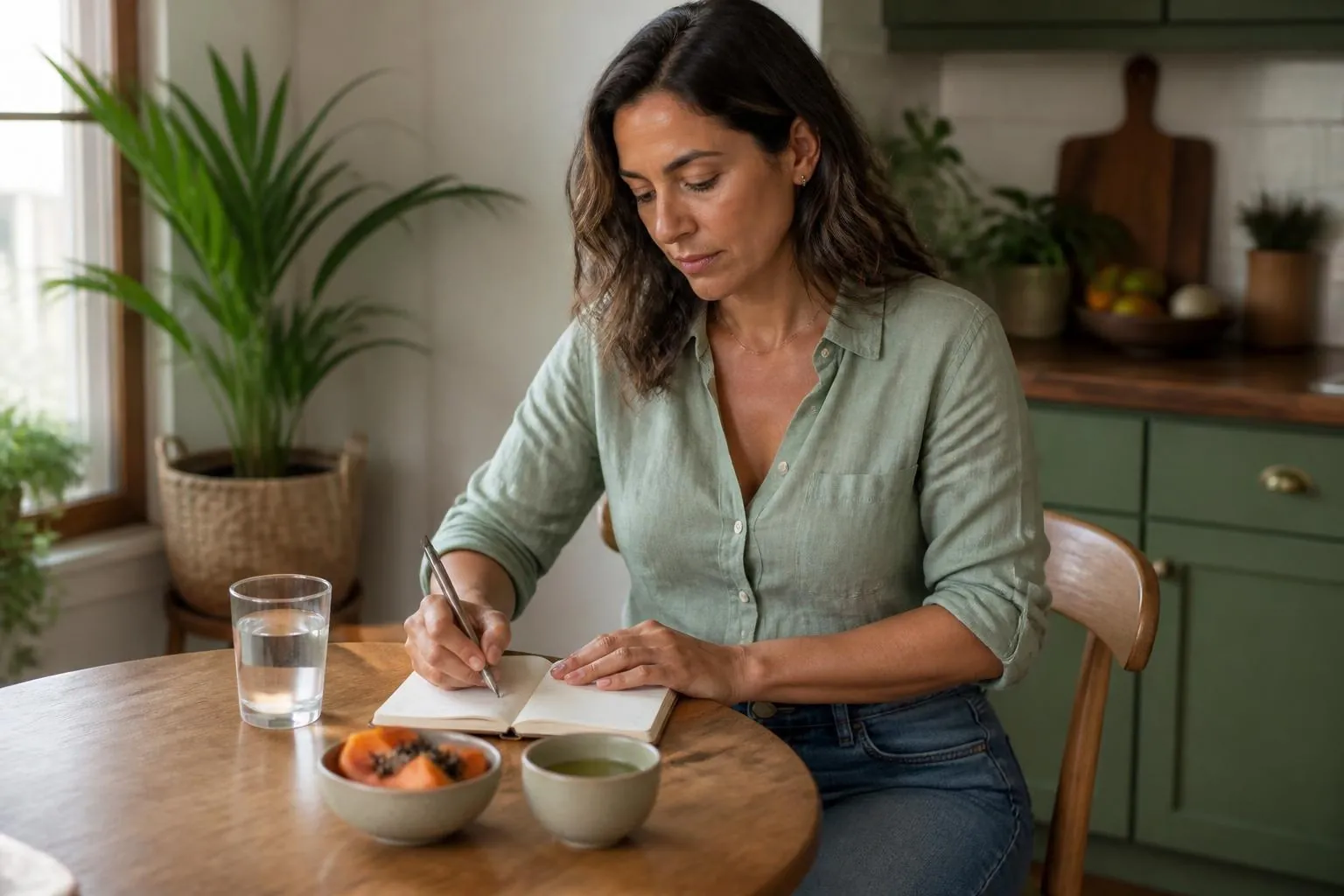 Mulher anotando em um caderno à mesa da cozinha