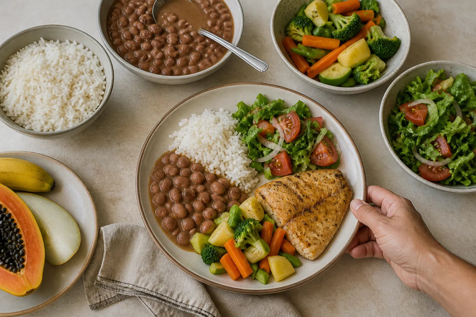 Refeição brasileira com arroz, feijão, peixe, salada, legumes e frutas