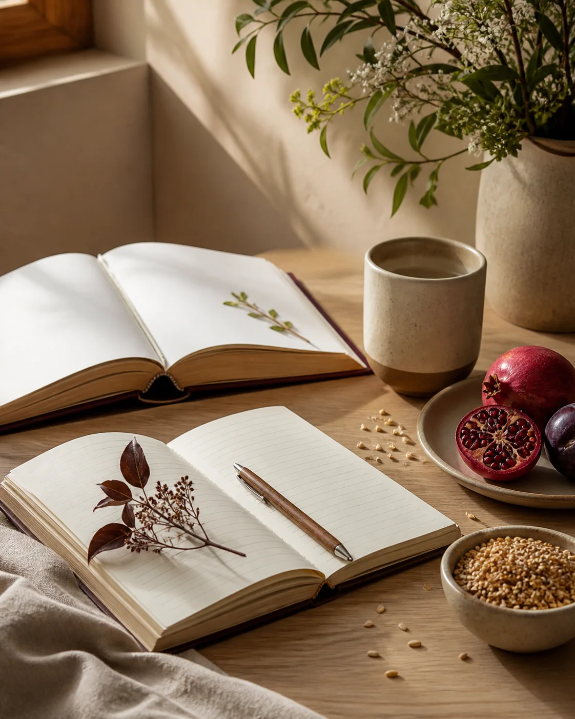 Caderno, livros e alimentos em uma composição editorial sobre nutrição